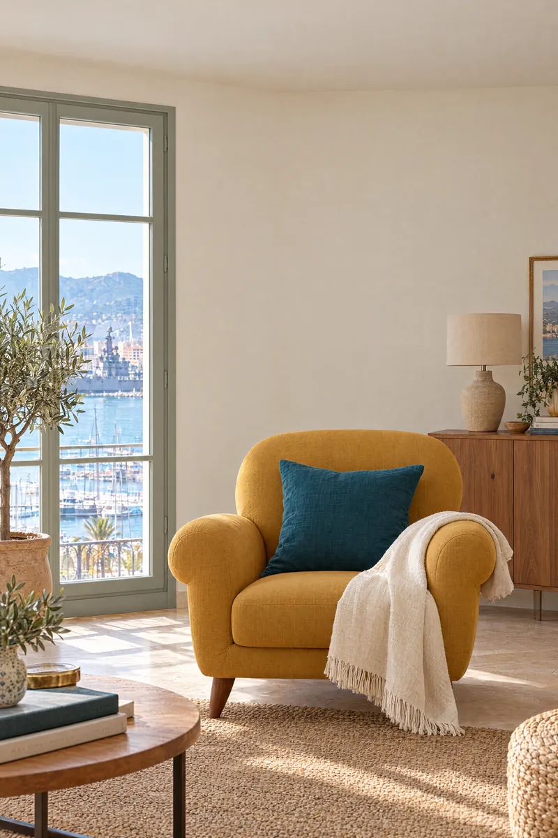 Après : coin lecture avec fauteuil ocre et table basse, fenêtre sur la mer